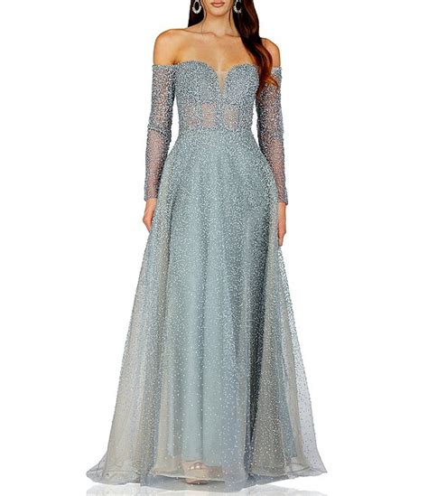 Terani Couture Beaded Sweetheart Neck Off The Shoulder Long Sleeve Gown