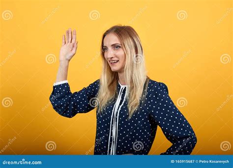 Attractive Caucasian Young Lady Greeting Waving Hands Stock Image