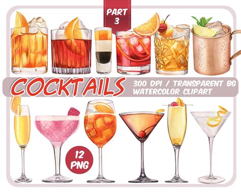 Watercolor Cocktails Clipart Signature Cocktails Alcoholic Drinks Clipart Summer Tropical