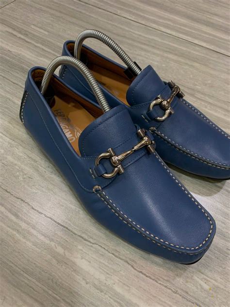 Salvatore Ferragamo Blue Leather Parigi Gancini Driver Loafers Men S