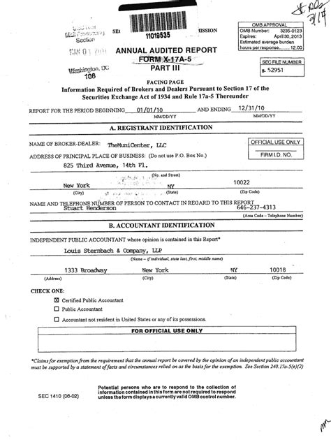 Fillable Online INUAL AUDITED REPORT FORM X 17A 5 FILE Sec Gov Fax