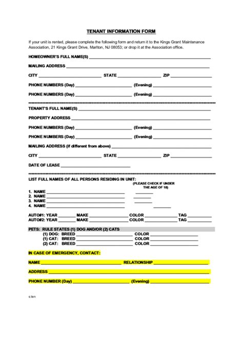 Tenant Information Form Template Printable Pdf Download