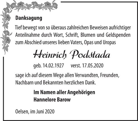 Traueranzeigen von Heinrich Podstada Märkische Onlinezeitung Trauerportal