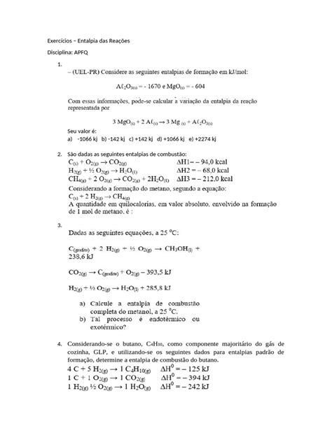 Entalpia Exercícios Resolvidos Pdf