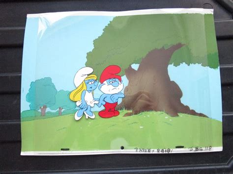 Smurfs 1981 Original Production Cel Background Hanna Barbera Smurfette Papa Ebay