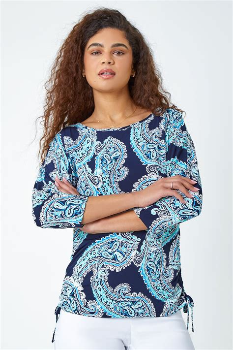 Blue Textured Paisley Print Stretch Top Roman Uk