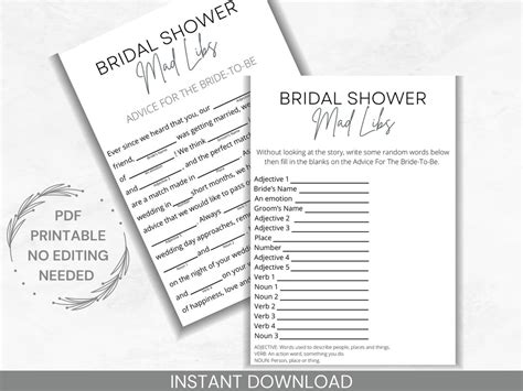 Bridal Shower Mad Libs Printable Bridal Shower Game Etsy