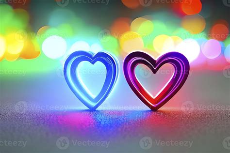 The Heart Shapes On Abstract Light Neon Glitter Background In Love