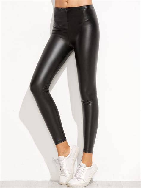 Leggins De Pu Con Cintura Elástica Negro Spanish Shein Sheinside