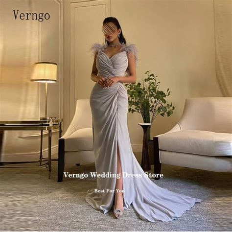 Verngo Elegant Dusty Purple Chiffon Mermaid Evening Dresses Feathers