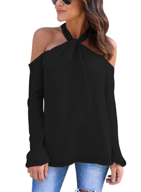 Farysays Womens Long Sleeve Off Shoulder Halter Knot Neck Shirt Blouse