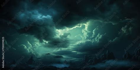 Black Dark Greenish Blue Dramatic Night Sky Gloomy Ominous Storm Rain