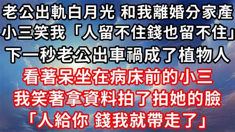 老公出軌白月光，要和我離婚分家產，小三上門笑我「人留不住錢也留不住」下一秒接到電話臉色驟變，看著躺在病床上要死不活的前夫，我笑了拿出資料拍了拍