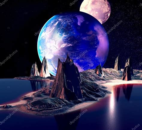 Planeta Extraterrestre Con Luna Tierra Y Montañas 3d Rendered Computer Artwork Elementos De