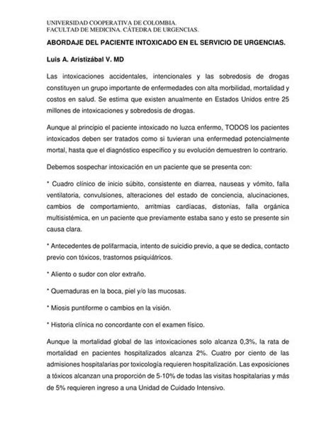 Abordaje Del Paciente Intoxicado En El Servicio De Urgencias Luis