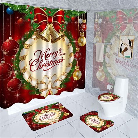 Pcs Christmas Shower Curtain Set With Non Slip Rug Iseasy Xmas