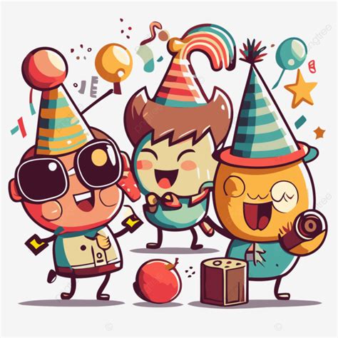 New Year Party Vector, Sticker Clipart Cartoon Characters Celebrating A ...