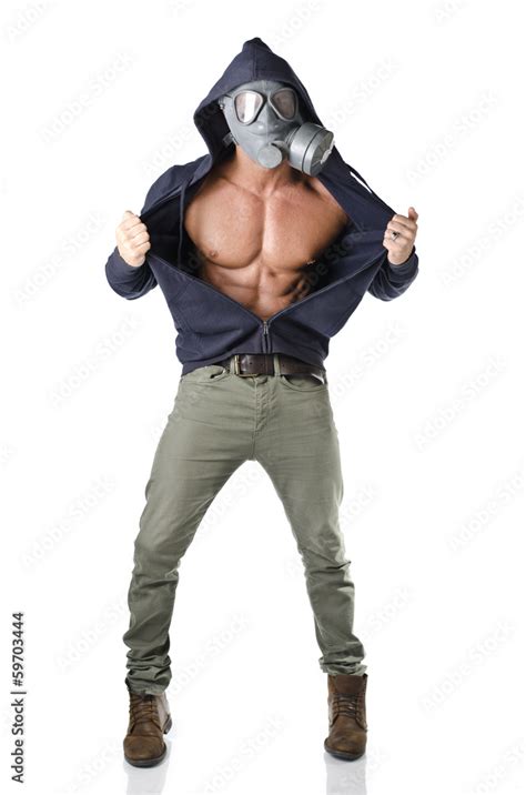 Muscular Man Wearing Antigas Mask Naked Ripped Torso Stock Photo