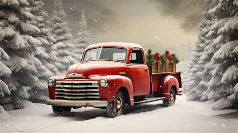 Vintage Red Truck With Christmas Tree In Snowy Landscape Stock