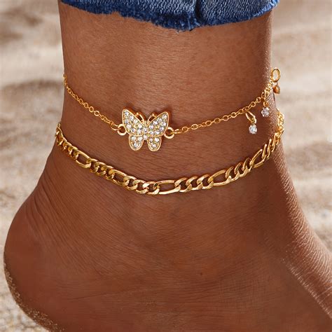 Mini Butterfly Thin Chain Anklet Set Inlaid Shiny Rhinestone Temu