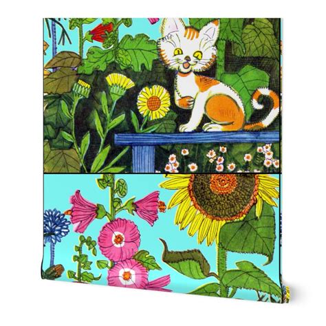 Colorful Flowers Gardens Cats Pussy Wallpaper Spoonflower