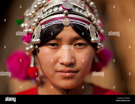 Akha Minority Woman With Traditional Headdress Muang Sing Laos Stock