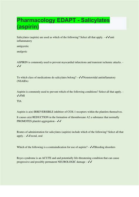 Pharmacology Edapt Salicylates Aspirin Questions With