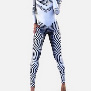 Op Art Full Bodysuit Illusion Magic Activewear Women Sportswear Black