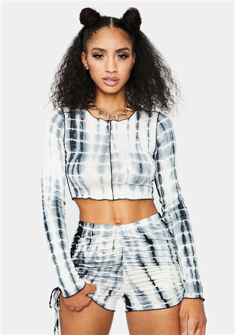 Long Sleeve Tie Dye Top And Hot Shorts Set Black White Dolls Kill