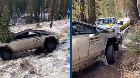 Tesla Cybertruck Appears To Be Towed After Getting Stuck On A Small