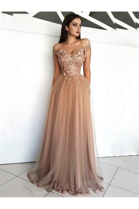 Elegant Off The Shoulder Beaded Lace Tulle Long Prom Dresses Formal