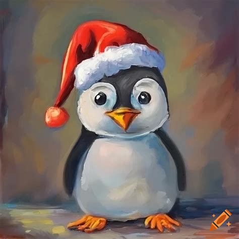 Oil Painting Of A Penguin Wearing A Santa Hat On Craiyon