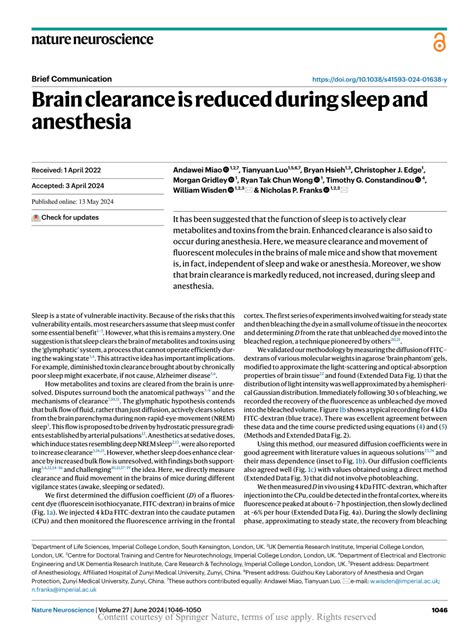 Pdf Brain Clearance Is Reduced During Sleep And Anesthesia