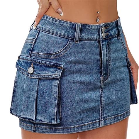 Mancreda Women Denim Cargo Skirt Mini Low Waist Button Bodycon Y2K Flap