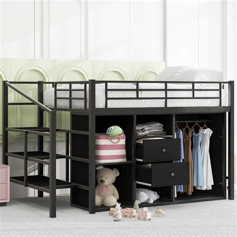 Harper Bright Designs Black Full Size Metal Loft Bed With Shelves