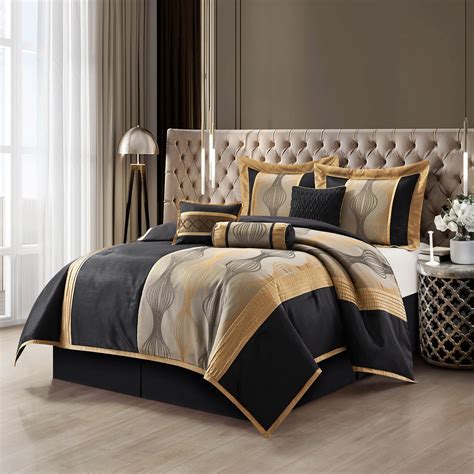 Lanco Elegant Black And Gold Comforter Set King Size Striped Pieces