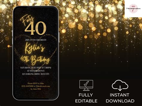 40th Birthday Invitation Elegant Black And Gold Fortieth Etsy