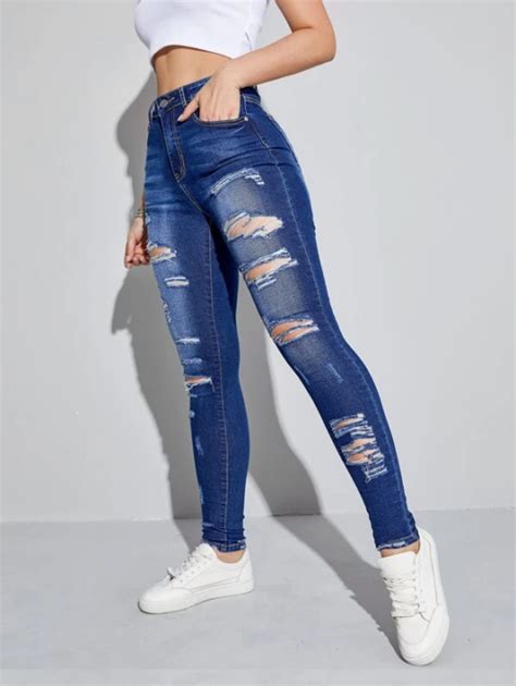 High Waist Skinny Ripped Jeans Random Design Lazada Ph