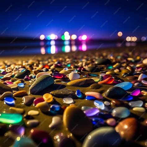 Premium Ai Image Colorful Glass Pebbles On The Beach At Sunset