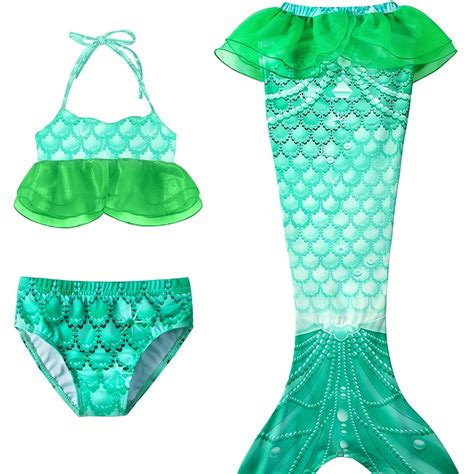 3pcs Girls Mermaid Bikini Swimsuit Mesh Ruffled Hem Fish Scale Graphic