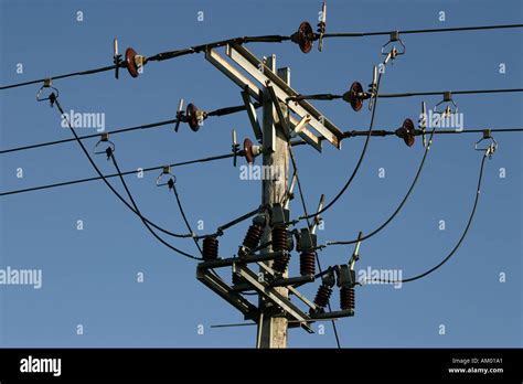 Three Phase Power Cable And Jumpering System On Pole Stock Photo