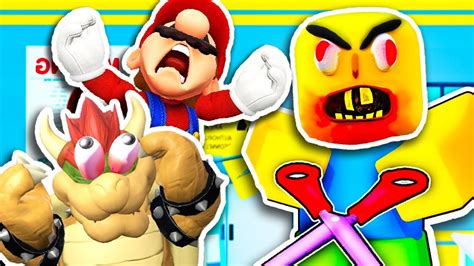 😱🔪 Can We Survive Evil Noob With Mario 😱🔪 Bowser Plays Roblox Escape