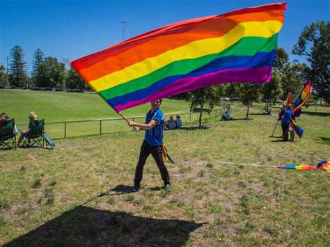 Man Waving Giant Gay Pride Rainbow Flag Editorial Photography Image