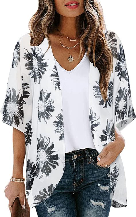 Womens Floral Print Puff Sleeve Kimono Cardigan Loose Cover Up Casual Blouse Tops