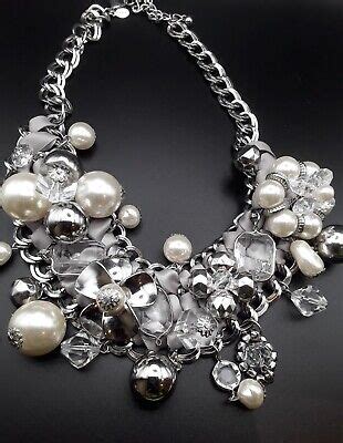 Chicos Statement Necklace Faux Pearl Crystal Gray Ribbon Silver Tone