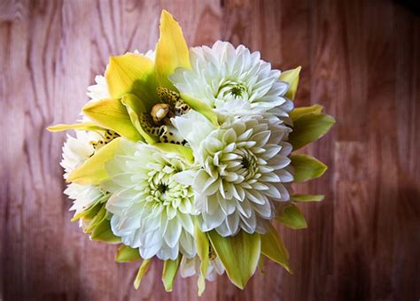 White Dahlia and Green Orchid Bouquet | This bouquet is comp… | Flickr