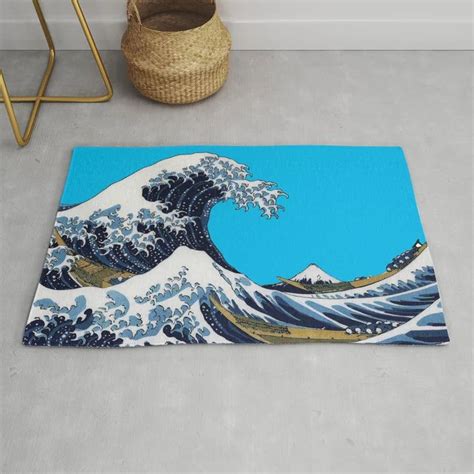 Hokusai“the Great Wave Off Kanagawa”cyan72 Background Rug By Dohshin