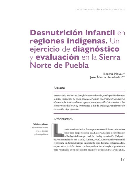 Pdf Desnutrición Infantil En Regiones Indígenas Un Ejercicio De Diagnóstico Y Evaluación En