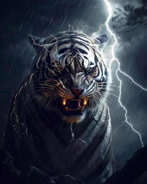 Premium Photo | A tiger with lightning in the background