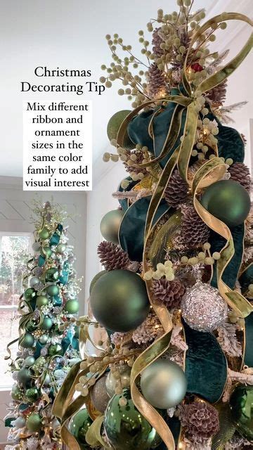 A Christmas Tree Is Decorated With Green And Gold Balls Ornaments And